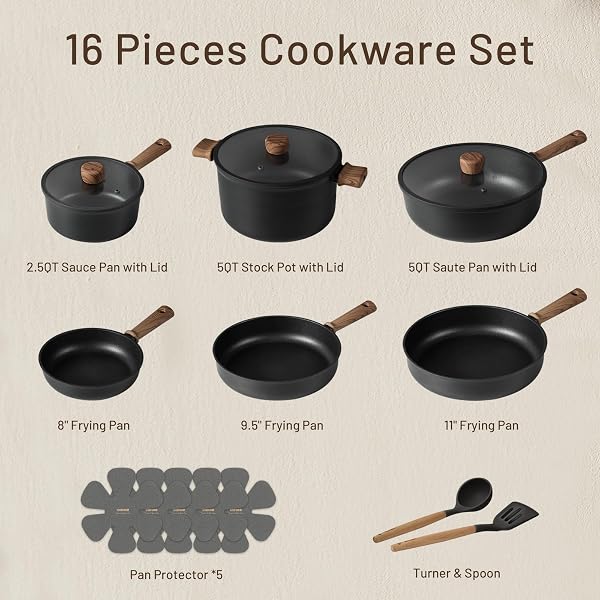 CAROTE NONSTICK POTS AND PANS, INDUCTION TITANIUM COOKWARE SET 16PCS KITCHEN COOKING SETS, POT AND PAN NON STICK W/FRYING PAN (PFOS, PFOA FREE)