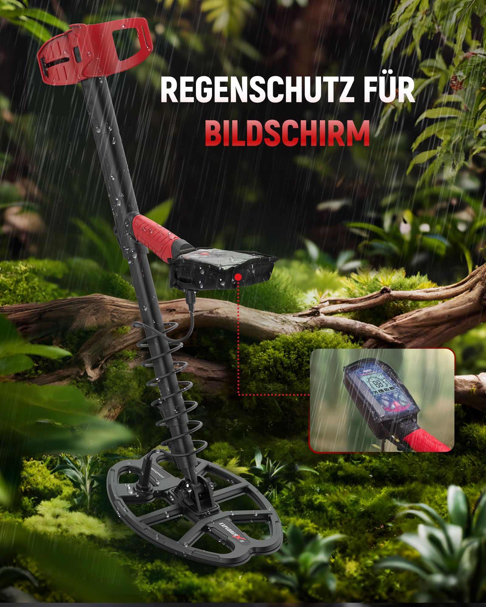 KAIWEETS Metalldetektor Profi, wasserdichte Doppel-D-Spule, 5 Modi Goldsuchgerät mit Upgrade Teleskopstange, Wiederaufladbarer Akku, Pinpointer, Verbesserter Grabungsmesser, Regenabdeckung (Rot) 7