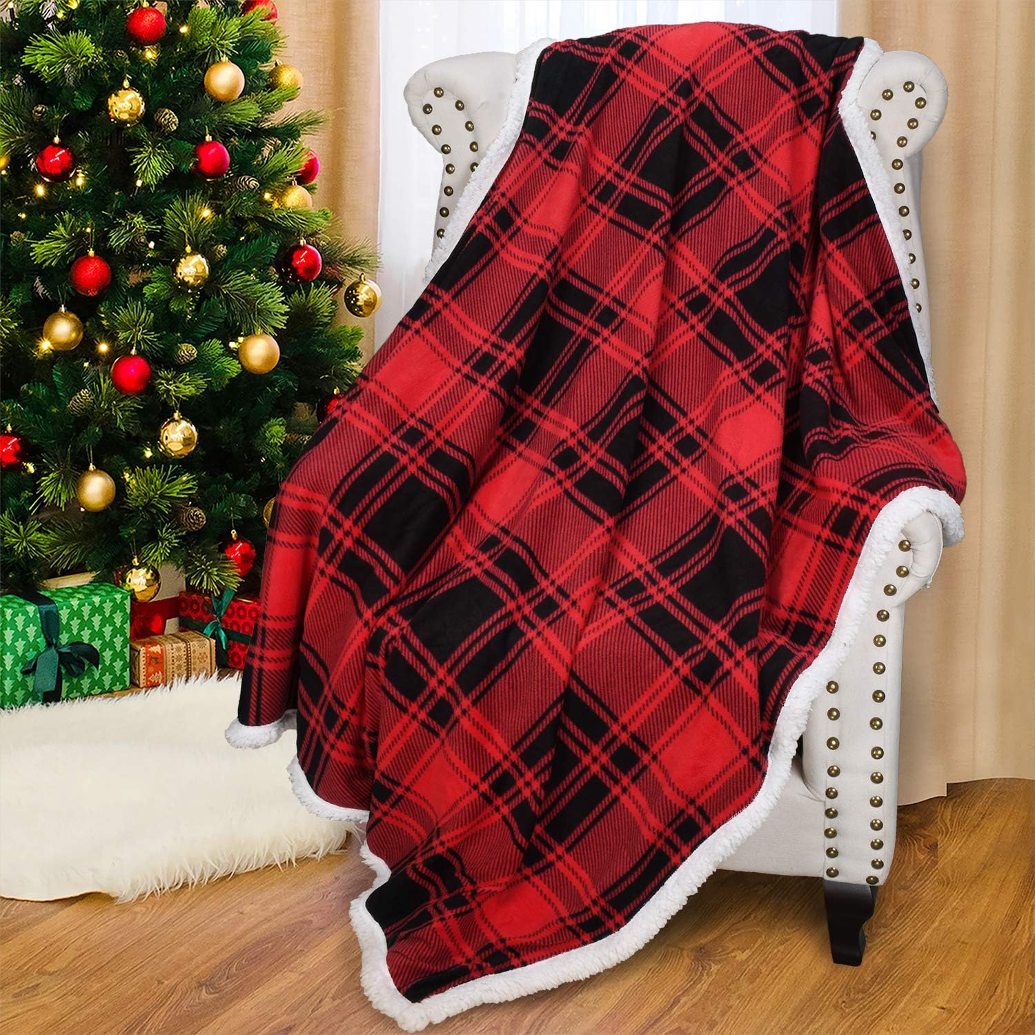 Catalonia Classy Red Plaid Sherpa Throw Blanket,Reversible Super Soft