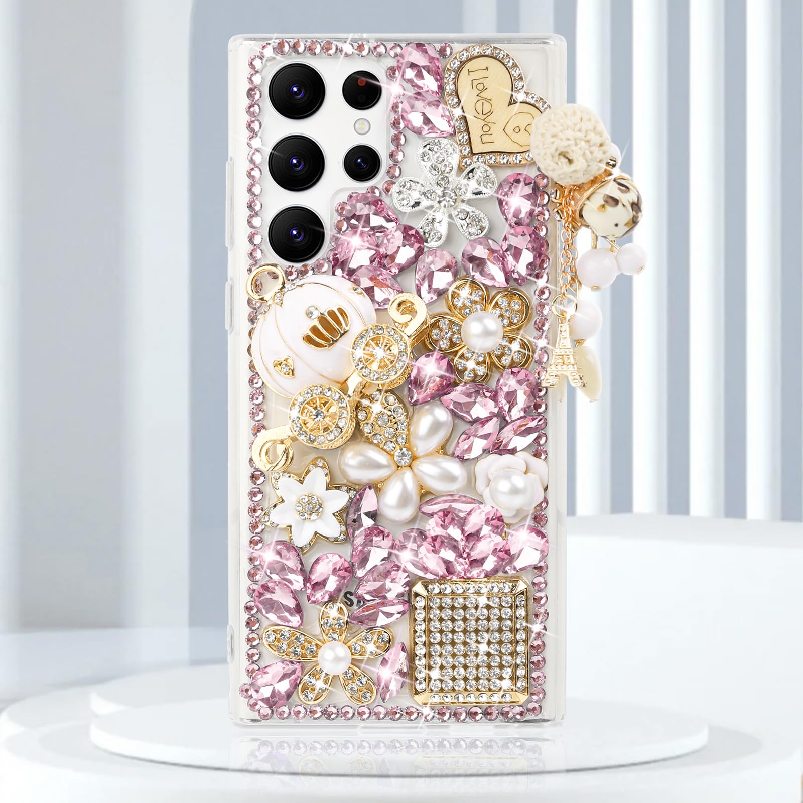 Guppy for Galaxy S26 Ultra Bling Case, 3D Bling Shiny Rhinestone Diamond Crystal Pearl Handmade Pendant Iron Tower Pumpkin Car Flowers Soft Protective Anti-Fall Case for Galaxy S26 Ultra(Pink)