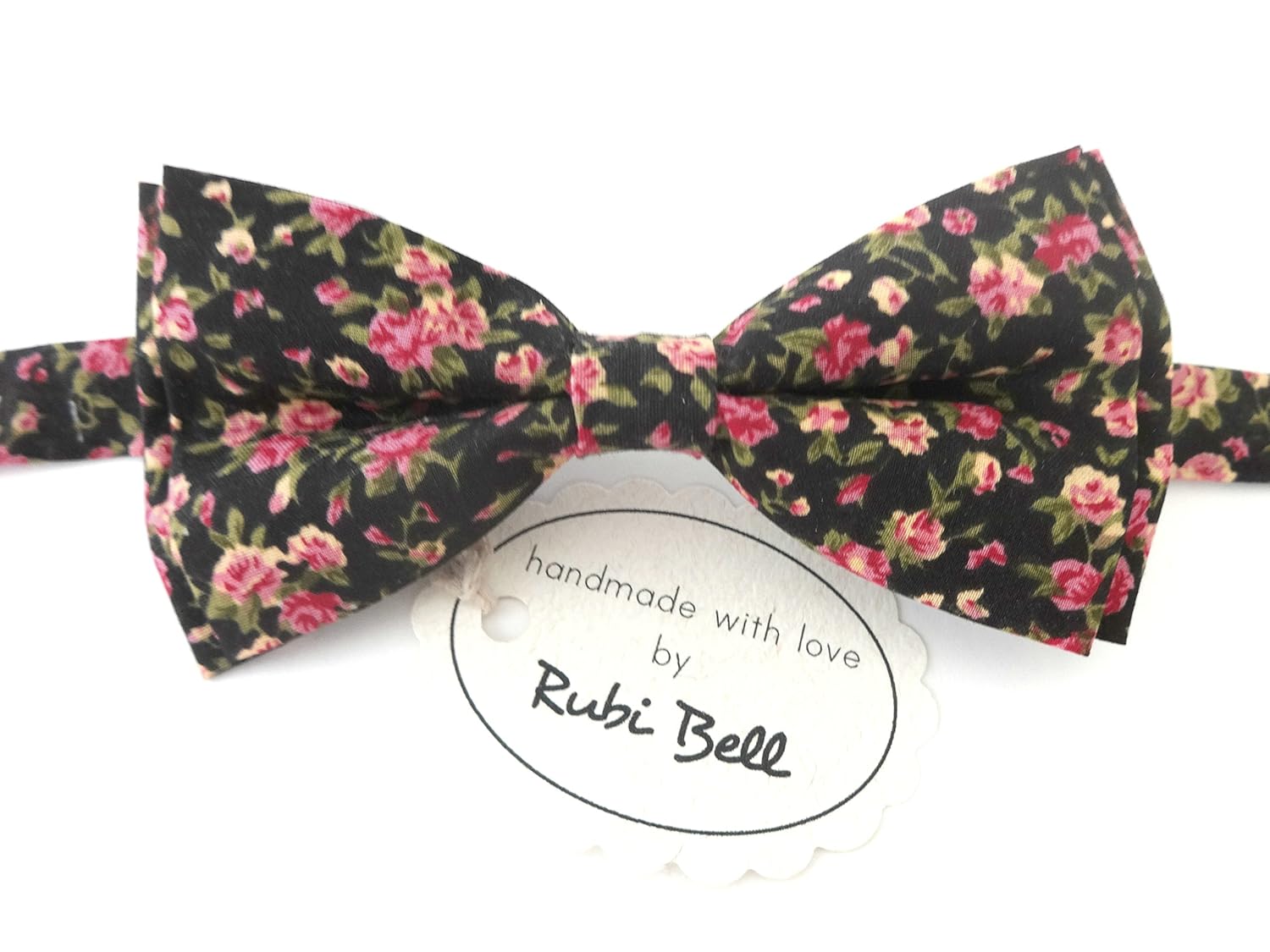 Black bow tie with pink flowers Handmade