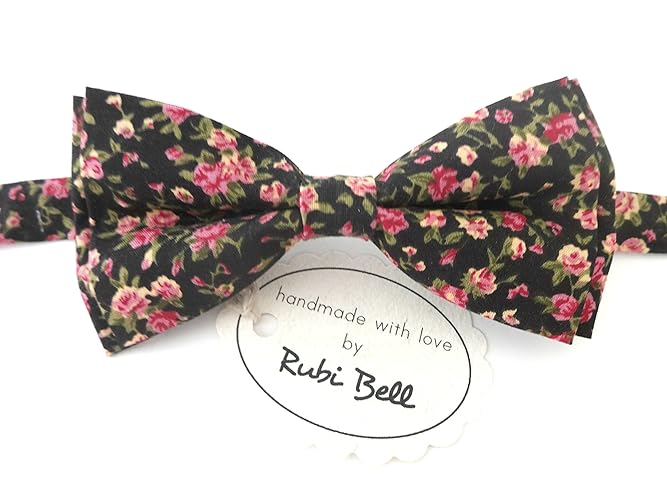 Black bow tie with pink flowers Handmade