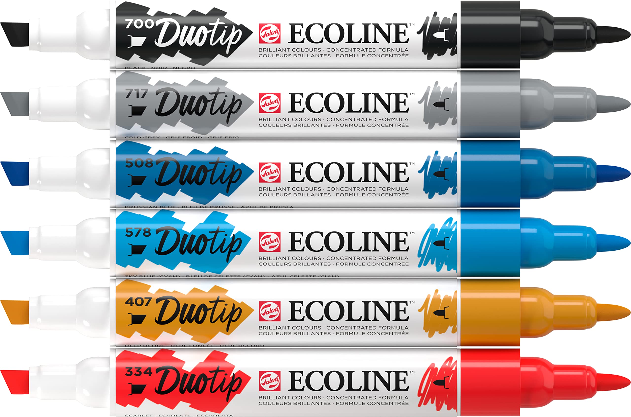 Ecoline Duotip Liquid Watercolor Markers Set of 6 – Urban Landscape Colors | Pens with Fine Bullet and Broad Chisel Nib