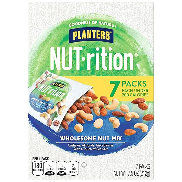 PLANTERS NUT-RITION WHOLESOME NUT MIX, 7.5 OZ BOX (CONTAINS 7 INDIVIDUAL POUCHES) – CASHEWS, ALMONDS AND MACADAMIAS SNACK MIX – NO ARTIFICIAL FLAVORS, NO ARTIFICIAL COLORS, NO PRESERVATIVES – KOSHER