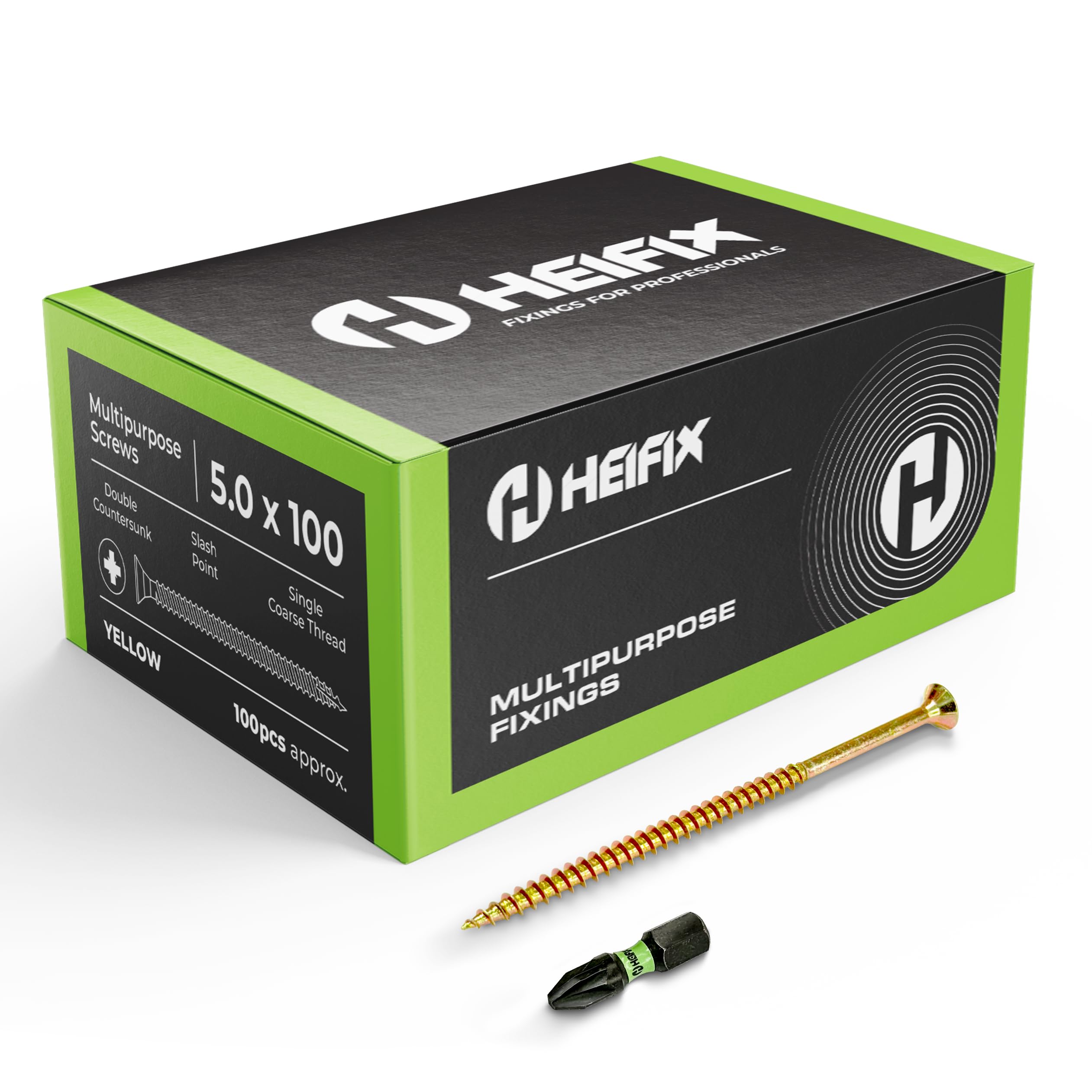 Heifix Multi-Purpose Wood Screws - FREE Screw Bit Included (QTY 100, 5mm x 100mm) Pozi Double Countersunk — image 1