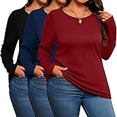 Evervibe 3 Pack Women's Plus Size Cotton Shirts, Scoop Neck Long Sleeve Casual Tops Form Fitting Knitted T-Shirts Blouses