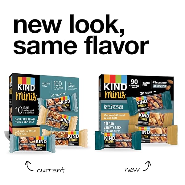 KIND MINIS SNACK BARS, DARK CHOCOLATE NUTS & SEA SALT AND CARAMEL ALMOND & SEA SALT, 3G SUGAR, GLUTEN FREE BARS, VARIETY PACK, 0.7 OZ, (20 COUNT)