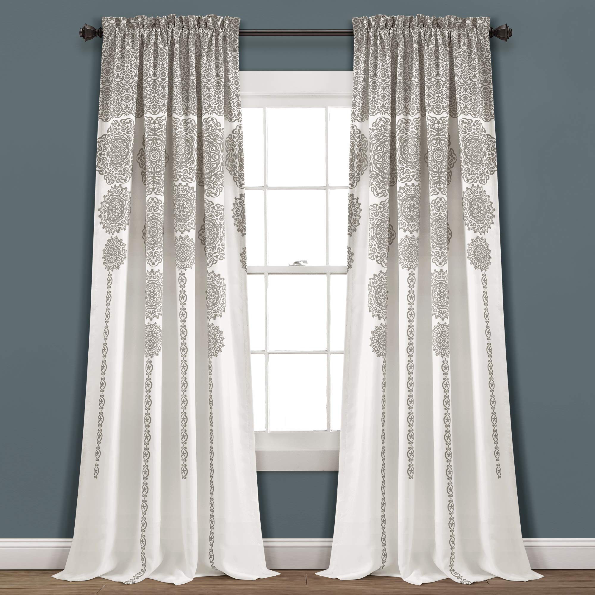 Lush Decor Stripe Medallion Curtains Fabric Mandala Bohemian Damask Print Room Darkening Window Panel Set for Living, Dining, Bedroom (Pair), 95" L x 52" W, Mauve/Gray