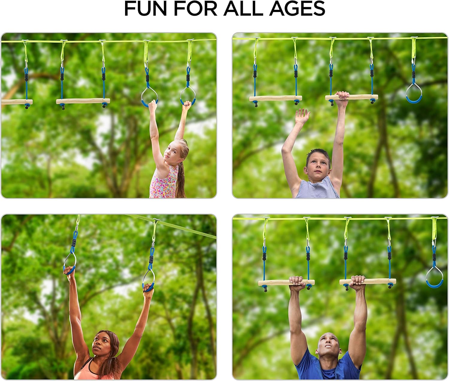 Ninja Obstacle Course Line Kit 40’ Slackline 8 Hanging Obstacles with Adjustable Buckles Tree Protectors Carry Bag Capacity 300lbs Outdoor Backyard Fun for Ninja Warrior Kids Adults Family: Sports & Outdoors