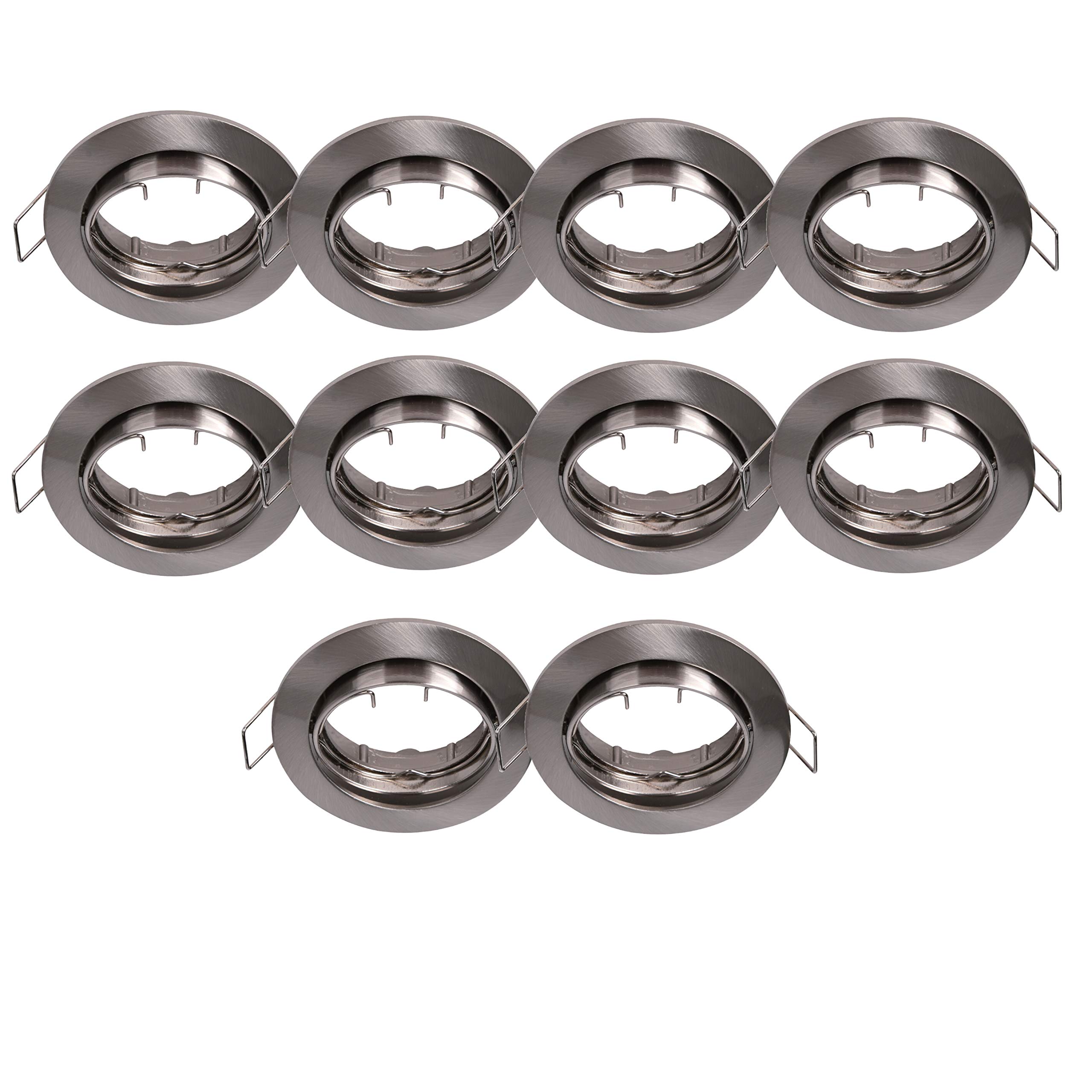 lighteu, 10x Flush-Mounted Spotlight Aluminium Frame, recessed GU10, MR16 (GU5.3) Fitting, Tilt Function, Ceiling Downlight Fitting, Holder (Socket) not Included, Nickel Finish