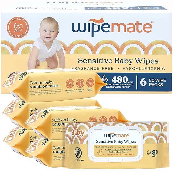 WIPEMATE EWG-VERIFIED PREMIUM BABY WIPES, 99% WATER-BASED, PLASTIC-FREE,...