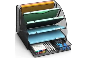 BOHDK Desk Organizer, Fan Shaped Desk File Organizer 5-Tier with Drawer, Mesh Desk Organizers and Accessories for Office Supplies Home or School, Black