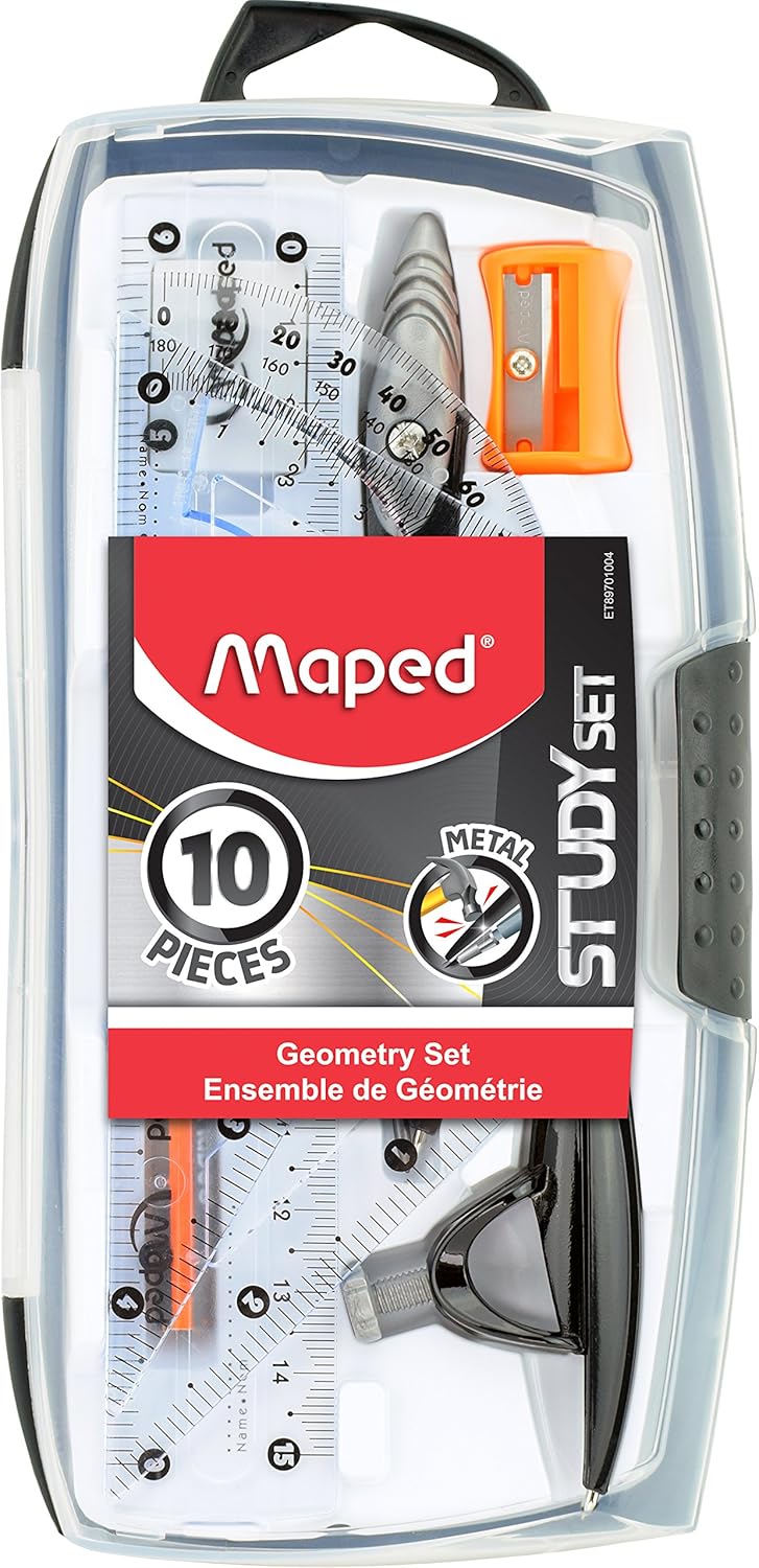 Maped Study Geometry 10 Piece Set, Includes 2 Metal Study Compasses, 2 Triangles, 6" Ruler, 4" Protractor, Pencil for Compass, Pencil Sharpener, Eraser, Lead Refill (897010) : Drafting Tool Sets : Office Products