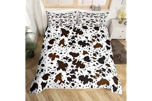 Homewish Cow Print Duvet Cover Set Queen Size Brown and White Cow Fur Bedding Set 3pcs for Kids Boys Teens Room Decor, Farm Animal Print Comforter Cover Cowhide Bedspread with 2 Pillowcases