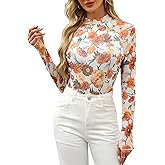 BemorRun Floral Mesh Top for Women Mock Neck Long Sleeve Floral Shirts Double Layered Going Out Tops Fall Outfits