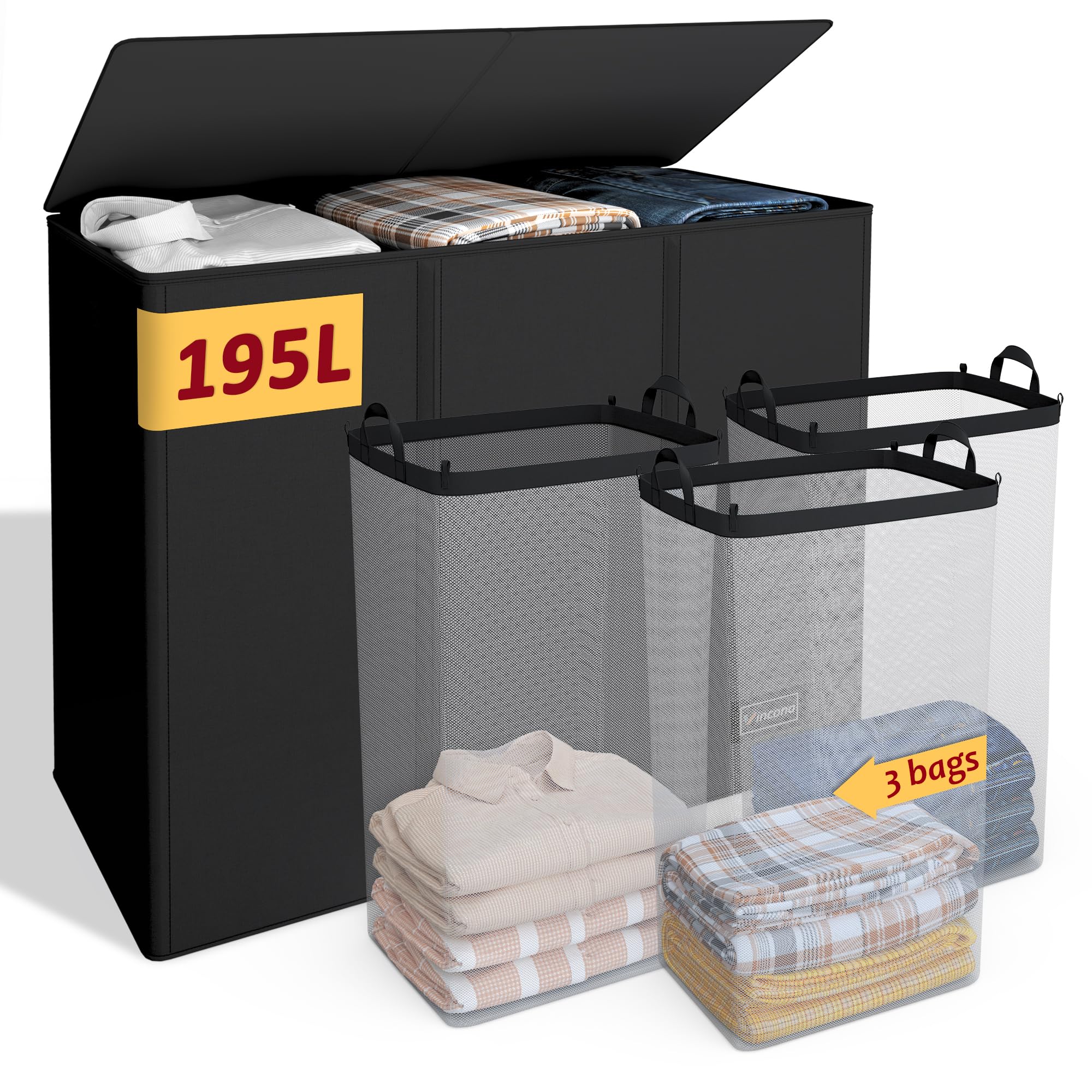 Photo 1 of 195L Laundry Hamper 3 Section,Large Laundry Hamper with Lid,Dirty Clothes Hamper with 3 Inner Bags,Collapsible Laundry Basket Organizer for Laundry Room,Bedroom,Laundry Sorter Hamper 3 Compartment