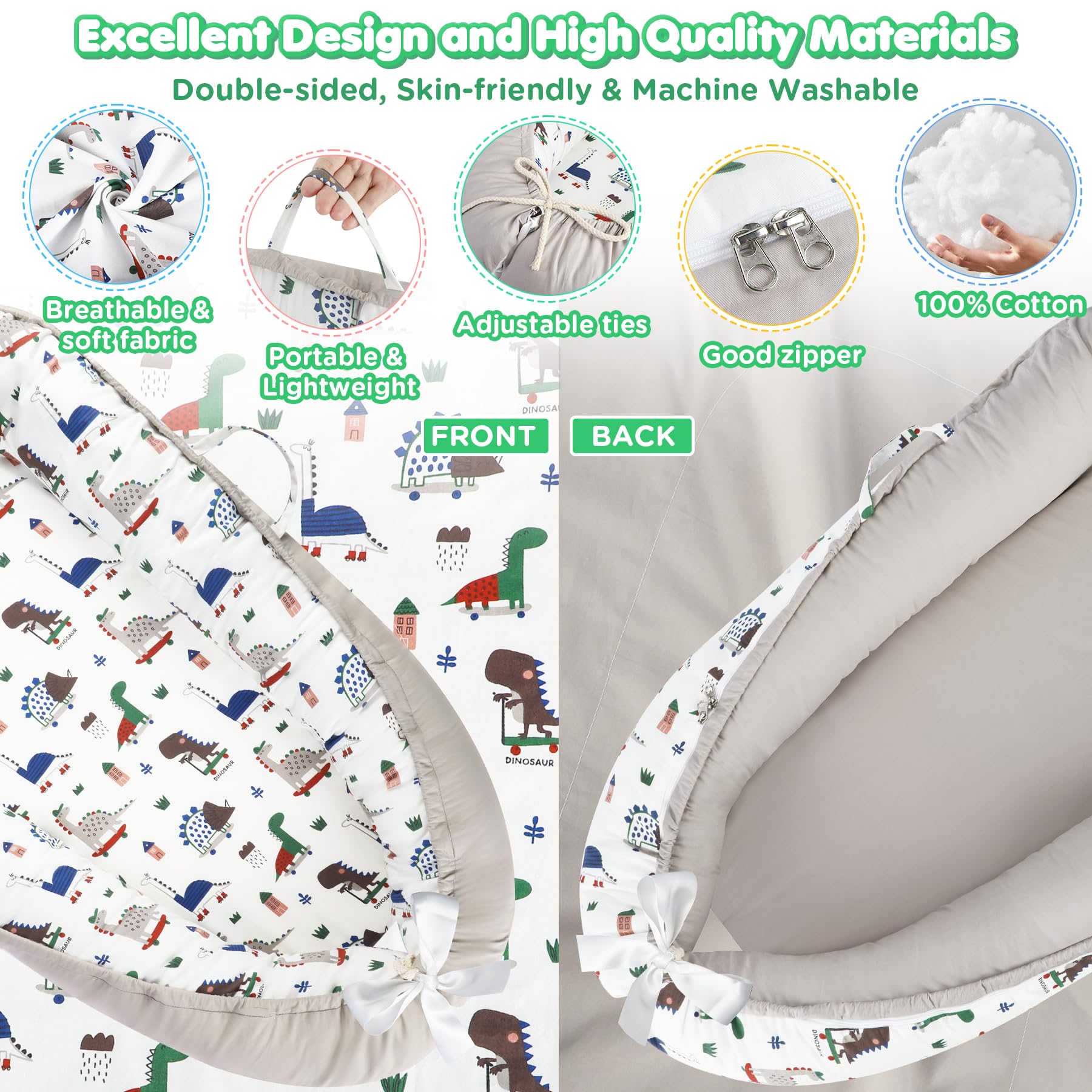 Baby Lounger - Baby Lounger for Newborn 0-24 Months, Breathable Pure Cotton Baby Nest Lounger Cover, Baby Registry Newborn Essentials Gifts, Portable Floor Tummy Time Lounger for Home & Travel