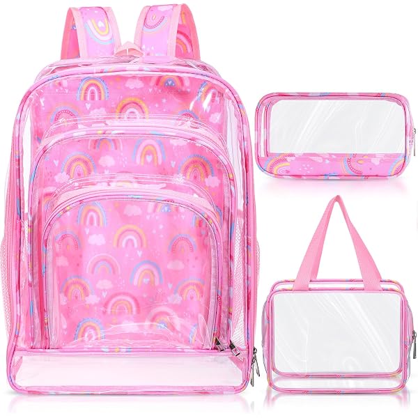 Silkfly 3-Piece Clear Backpack Set For Girls - See-Through Bookbag With Lunch Bag & Pencil Case (Unicorn Design)