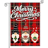 HOMETITUTE Merry Christmas Garden Flag 12x18 Inch Merry Christmas Garden Flags Burlap Double-Sided Gnome Plaid Background Seasonal Outdoor Holiday Banner Winter Flag for Yard Lawn Decoration