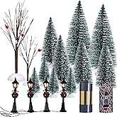 Geosar 18 Pcs Mini Christmas Village Trees Accessories Set Christmas Villages Decoration Ornament Tree Street Lamp Road for Indoor Outdoor Village Tabletop Display Platform Holiday Winter Decor