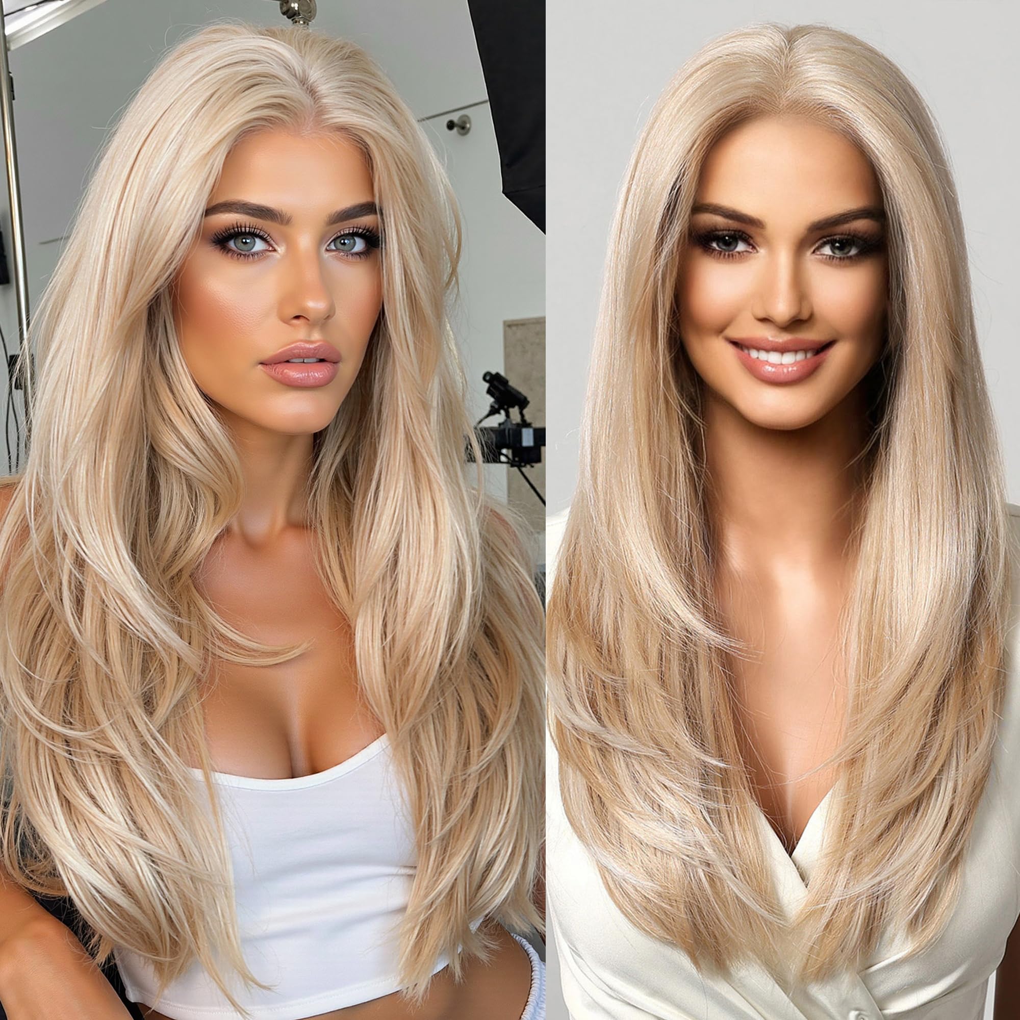 Photo 1 of testar 613 13×6 Lace Front Wig Long Blonde Wigs for Women HD Transparent Lace Wig Platinum Blonde Wig 22 Inch Straight Hair Natural Layered Glueless Synthetic Wigs for Daily Use(613 Blonde)