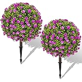 25" Artificial Boxwood Topiary Ball Trees with Purple RoseFlowers, Set of 2 UV Resistant No Fade Outdoor Faux Plants with Ground Spike, Fake Shrubs for Garden, Patio, Porch, Yard, Indoor
