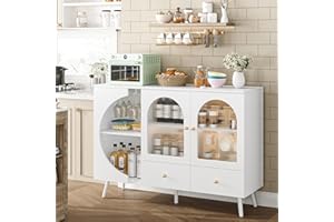 FACBOTALL Coffee Bar Cabinet, Buffet Sideboard Cabinet with 2 Drawers and Fluted Glass Door, Wine Bar for Kitchen, Dining Room, Living Room, Modern Kitchen Storage, White