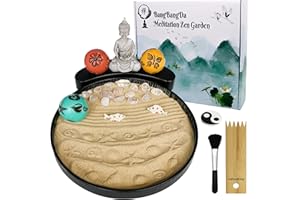 BANGBANGDA Japanese Meditation Buddha Zen Garden - Tabletop Crystal Rock Sand Zen Garden Kit for Desk Sandbox w/Zen Rake Stamp Spheres Accessories Tools Healing Stone Office Relaxation Zen Decor Zen Gifts