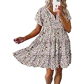 Dokotoo Womens Summer Casual Boho Floral Dresses 2026 V Neck Short Sleeve Sundresses Flowy Swing A-Line Mini Dress