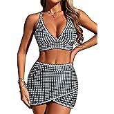 ZAFUL Women's High Waisted Bikini with Skirt Whip Stitch 2 Piece Swimsuits Tummy Control Bathing Suit