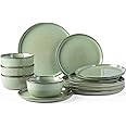 GBHOME Ceramic Dinnerware Sets for 4, 12 Pieces Stoneware Plates and Bowls Sets, Scratch Resistant Dishes, Dishwasher & Microwave Safe-Pastel Green