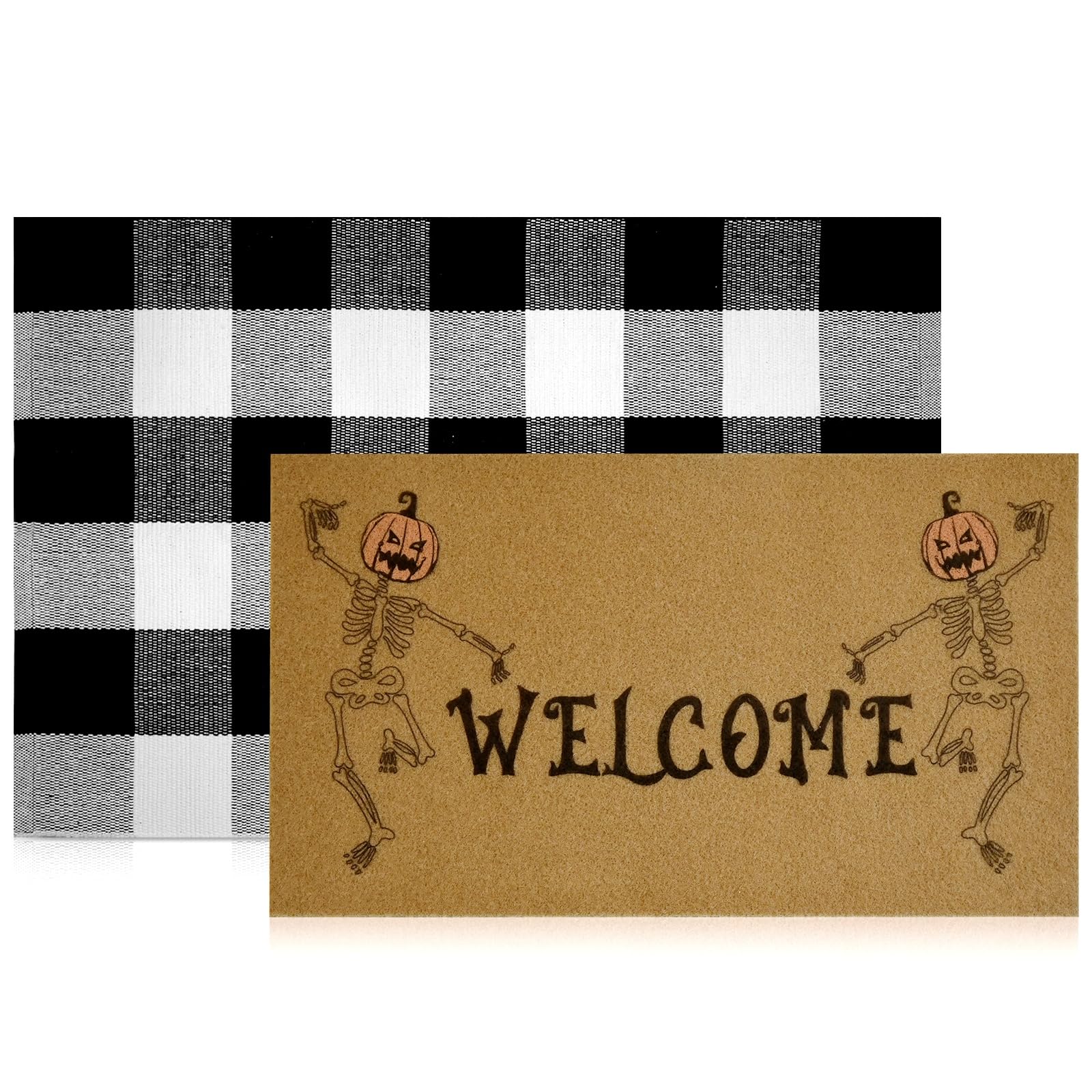 Photo 1 of 2 Pcs Halloween Welcome Door Mat 30 x 17 Inch Funny Skeleton Welcome Coir Doormats for Front Door Skull Pumpkin Door Mat Non Slip 2-in-1 Buffalo Plaid Rug for Outside Entrance Porch Home Patio Decor