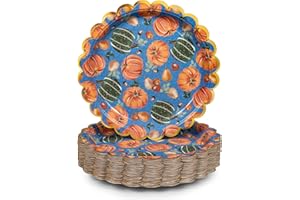 Confettiville Thanksgiving Paper Plates, 50-Count Disposable Thanksgiving Dinner Plates, Scalloped, Party Supplies, Pumpkins, Blue