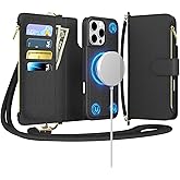EEIFO for iPhone 16 Pro Max(6.9 inches) Detachable Wallet Case with Crossbody.Multi-Function 2 in 1 Magnetic Wallet Case with Card Holder.Flip Strap Zipper Phone Case with Shoulder Straps Black