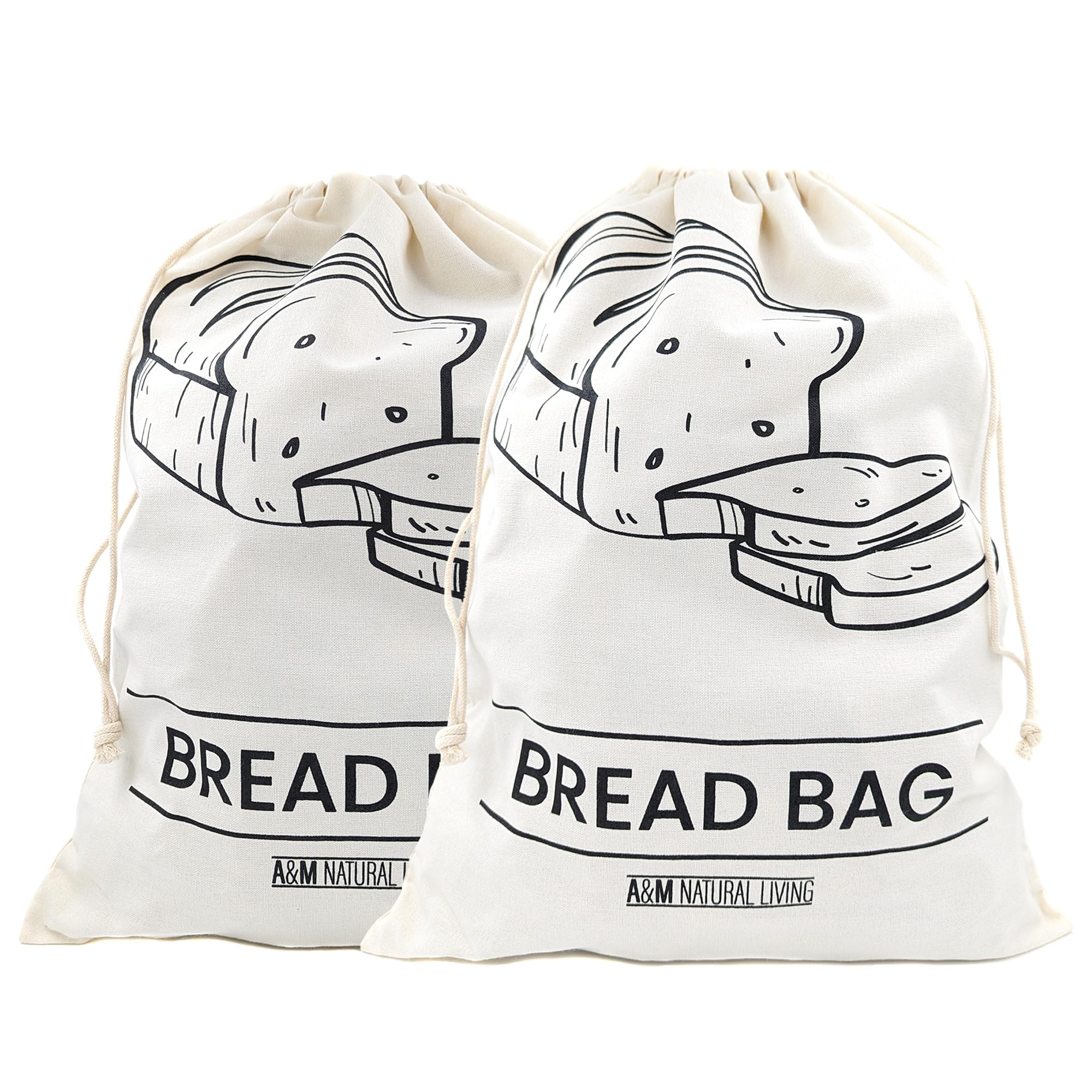 A&M Natural Living Bread Bag Storage Set of 2, 50cm x 40cm Cotton Bags for Homemade Bread, Reusable, Breathable and Eco Friendly with Drawstring Closure