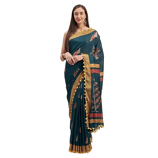 Womanista cotton with blouse piece Saree (TI1242_ Teal Blue_ Onesize)