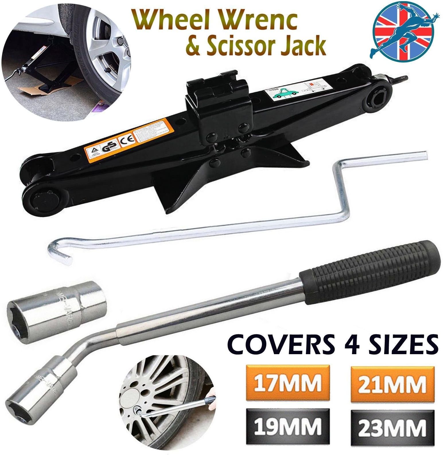 Heavy Duty Scissor Lifting Jack 2Ton Tonne with Speed Handle & Car Wheel Brace 17/19/21/23MM Socket Tyre Nut Wrench