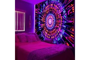 PSYHILAR Blacklight Mandala Tapestry for Bedroom, Psychedelic Black Light Posters for Adults and Teens, Colorful UV Reactive Aesthetic Bohemian Art Wall Hanging Decor Red and Purple (60 x 50 Inches)
