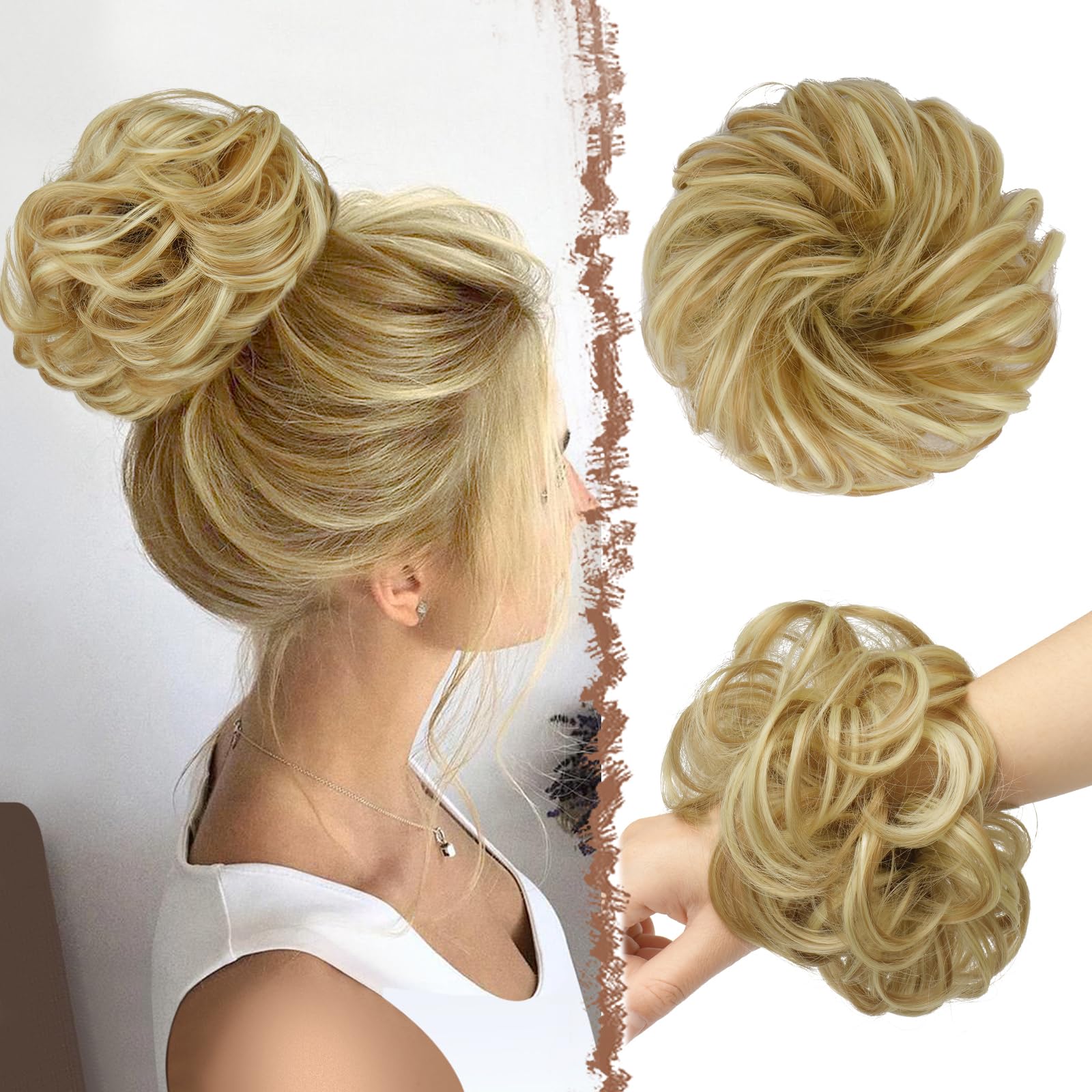 Photo 1 of FESHFEN Messy Bun Hair Pieces - Large Wavy Curly Elastic Hair Bun Scrunchies Ponytail Extensions Synthetic Chignon Hairpieces for Women, Light Ash Brown & Bleach Blonde 1.94oz