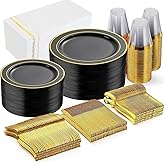 GATHER 350PCS Black Plastic Plates - Black and Gold Disposable Dinnerware Set Include 100 Plates, 150 Gold Silverware, 50 Napkins, 50 Cups for Party & Wedding & Birthday