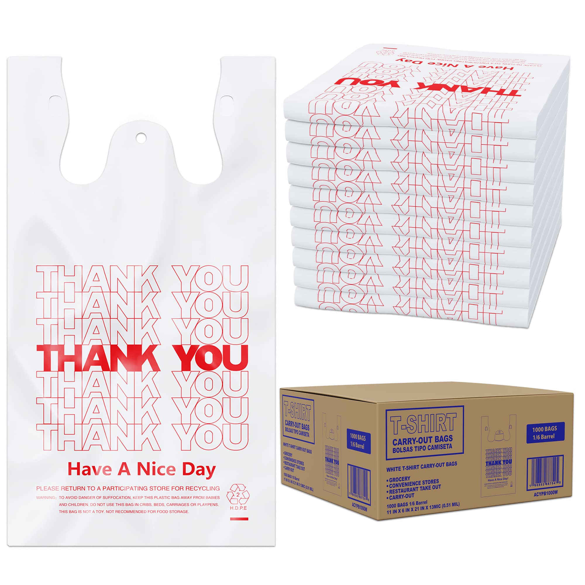 Photo 1 of ACYPAPER, Thank You T-Shirt Bags (1000 Count), Plastic - T-Shirt Plastic Bags in Bulk - (11" x 6" x 21") White/Thank You - Bulk Shopping Bags, Restaurant Bag - 1/6 Barrel