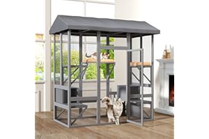 TIMHAKA Indoor Cat Catio, Catio Outdoor Cat Enclosure, Large Outside House, Outdoor Enclosure with Waterproof Cover, Wooden Walk in Feral Shelter Cage with Platforms and Resting Box, 72 inch
