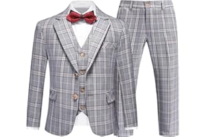 RINFAM Boys Tuxedo Suits Size 4-16 Plaid Stripe Dress Suit Jacket for Boys 3 Piece Tweed Pinstripe Slim Fit Suits Set