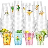 100 Pcs Mexican Fiesta Cups, 12 oz Fiesta Plastic Cups Clear Disposable Party Drinkware Decorations for Taco Birthday Party Supplies, 4 Styles
