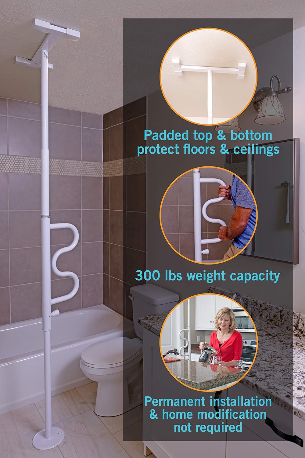 Stander Security Pole and Curve Grab Bar, Elderly Tension Mounted Floor to Ceiling Transfer Pole, Iceberg White: Furniture & Decor
