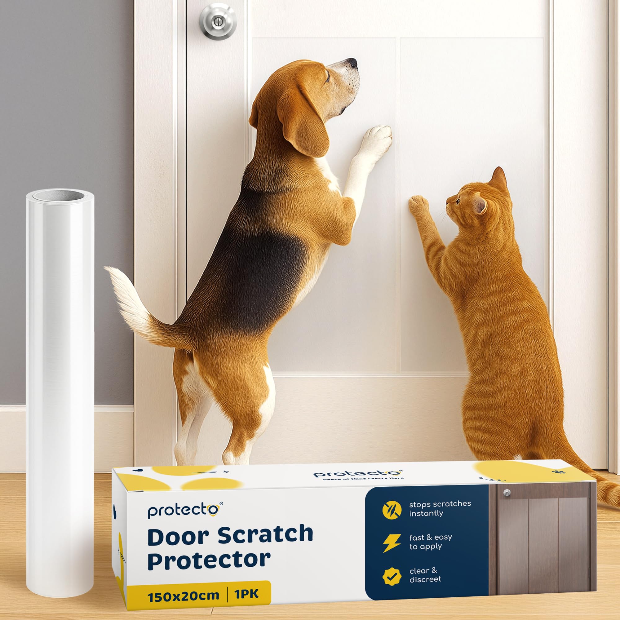PROTECTO Door Scratch Protector w/Custom-Cut Knife - 150x20 cm Door Guard + Wood, Wall & Corner Sofa Cover | Dog & Cat Scratching Deterrent, Defender & Repellent w/Super Sticky Self-Adhesive Backing