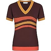 OXKnit Women's 1960s Retro Knit Short Sleeve T-Shirts, V-Neck Casual Knit Top