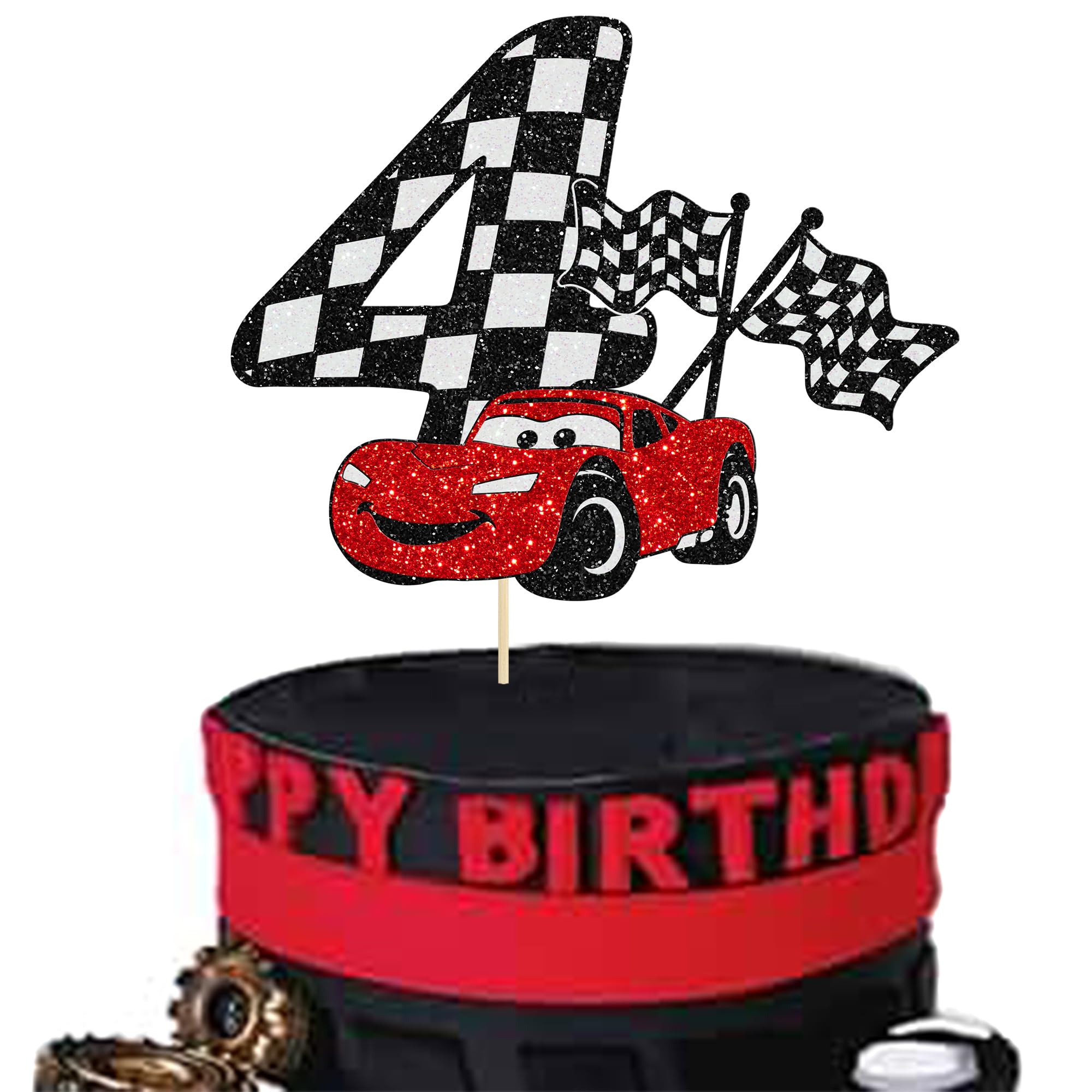 Gyufise 1Pc Race Car 4th Cake Topper Glitter 4th Racing Car Birthday Cake Topper Decoration for Racing Car Checkered Flag Themed Girl Boy 4 Years Birthday Party Supplies