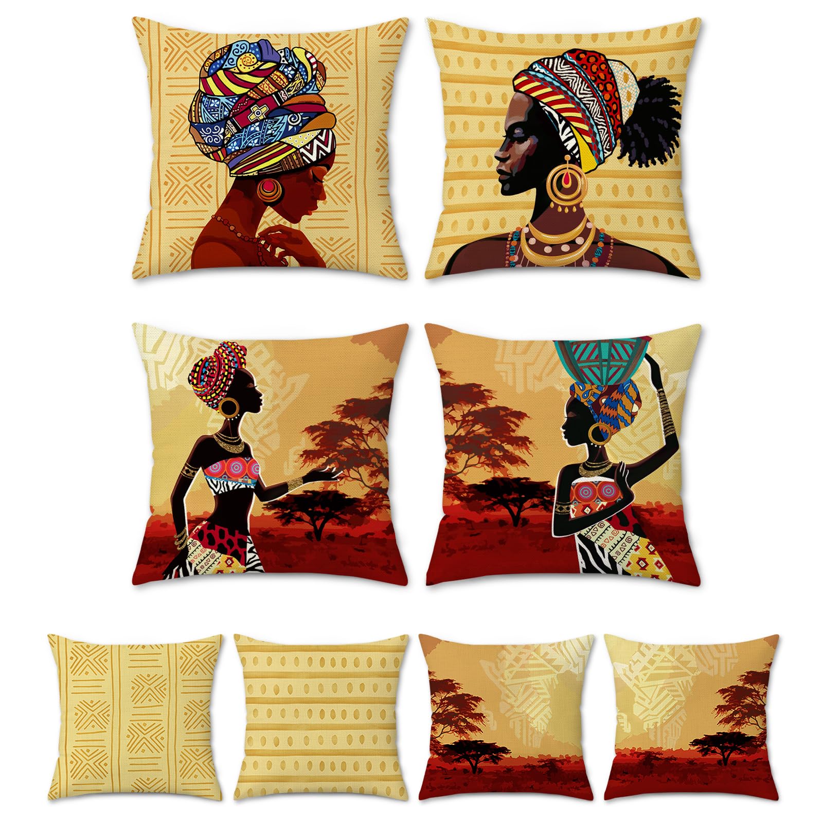 Bonhause African Women Cushion Covers 45 x 45 cm Double Sided Tribal Ethnic Black Girls Decorative Accent Throw Pillow Covers Polyester Linen Pillowcases for Sofa Bed Home Patio Decor Set of 4