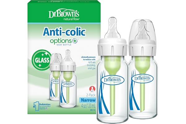 Dr. Brown’s Natural Flow Anti-Colic Options+ Narrow Glass Baby Bottles, 4oz, 2-Pack